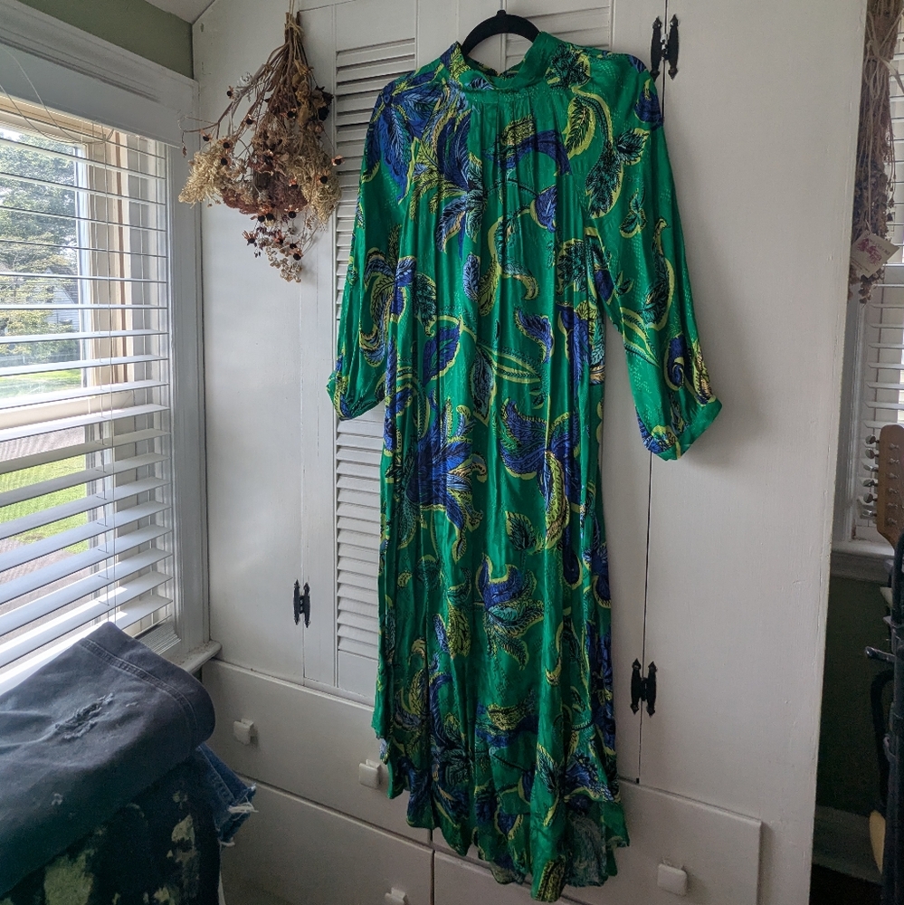 Maeve Green Maxi Dress with Blue and Yellow Paisley Print